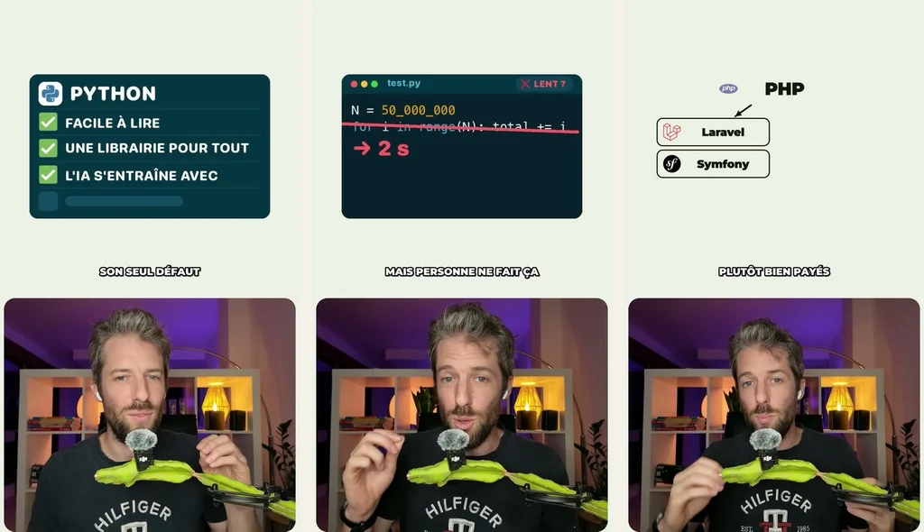 Tout ce qui s'affiche au-dessus de ma tête sort de Remotion, écrit par Claude Code. Trois écrans de mes vidéos fabriqués avec Remotion : une liste à cocher sur Python, un bout de code qui passe à 2 secondes, un schéma PHP avec Laravel et Symfony.