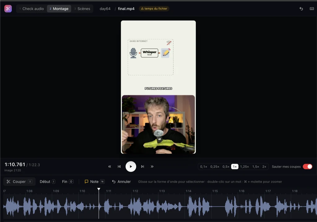 L’éditeur de Pif Paf Cut ouvert sur la vidéo du jour 64 : la vidéo au centre, les boutons Couper et Note, et la forme d’onde du son en bas.